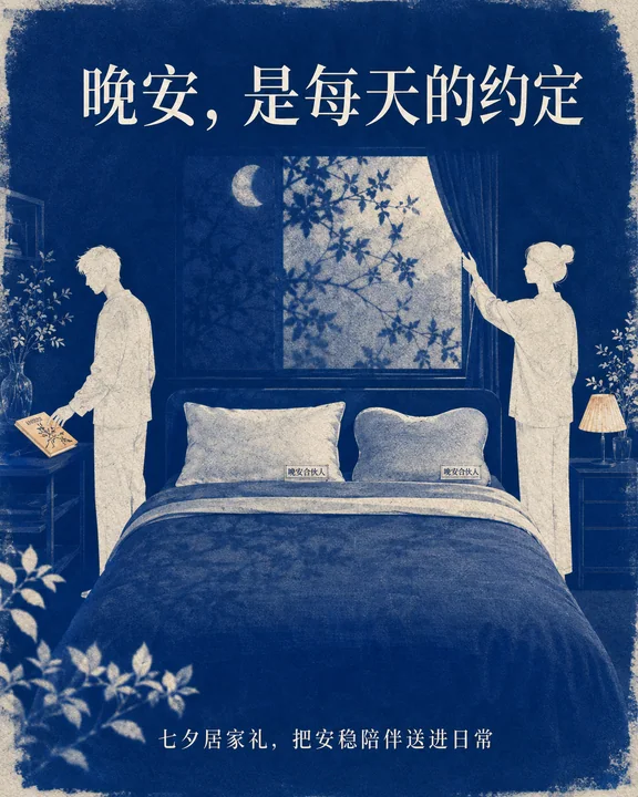 蓝晒艺术风七夕家居礼插画:晚安合伙人