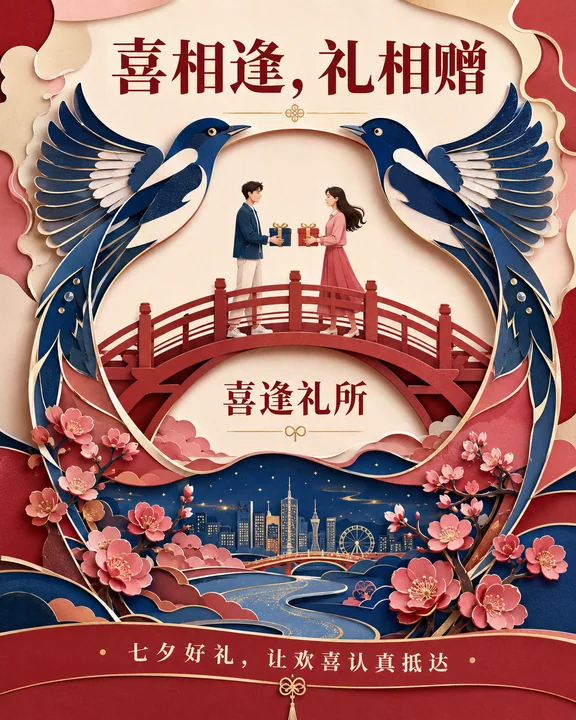 当代剪纸风喜逢礼所七夕品牌海报设计