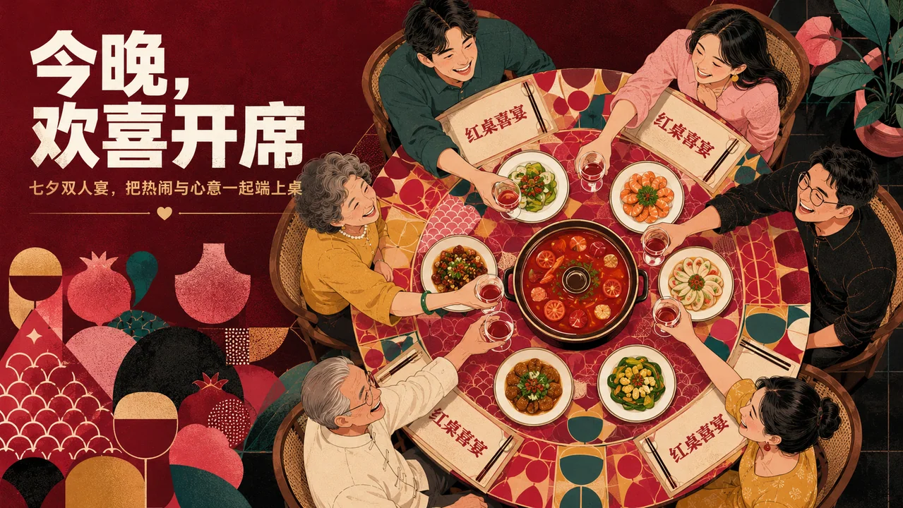 红桌喜宴现代民艺七夕团圆商业插画