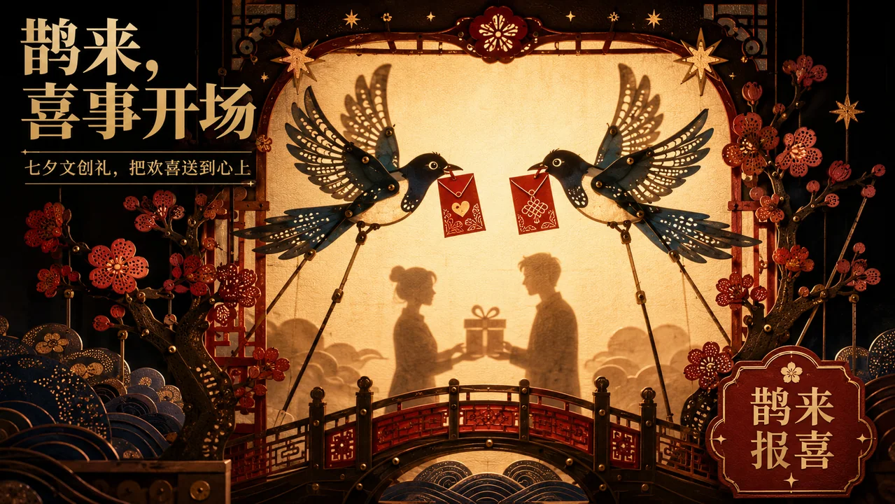 鹊来报喜:现代皮影戏七夕文创商业插画