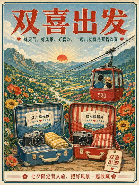 双喜出游七夕限定复古旅行插画海报