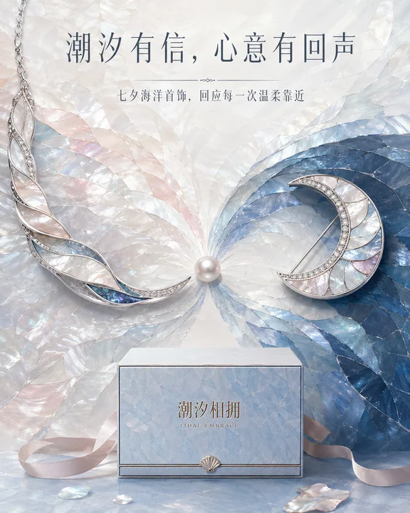 潮汐相拥:七夕海洋灵感珍珠母贝商业插画