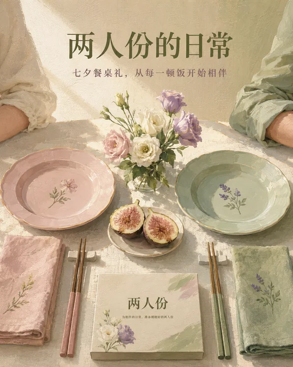 两人份的浪漫日常:水粉风格餐具商业插画