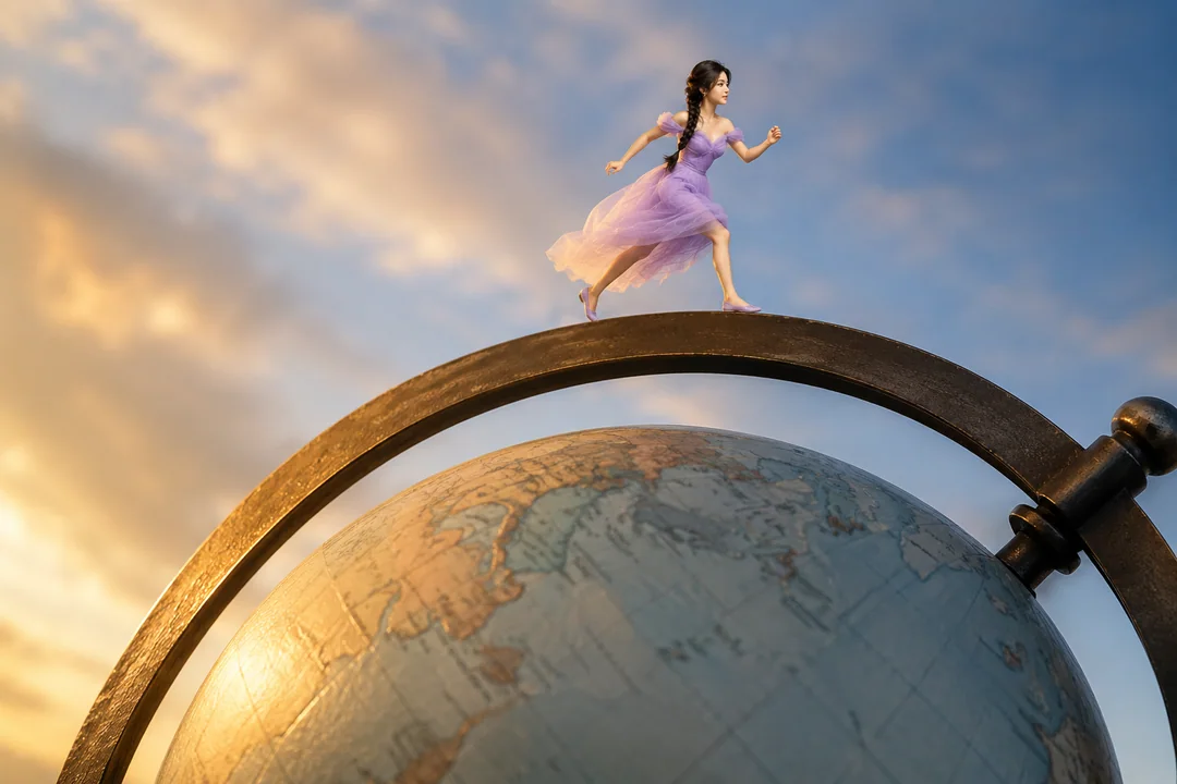 Voyageur miniature du globe à l'aube : coureur sur l'anneau métallique de l'équateur