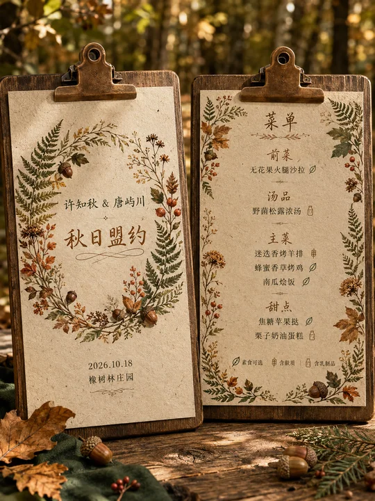秋日森系婚礼菜单设计,燕麦纸质感