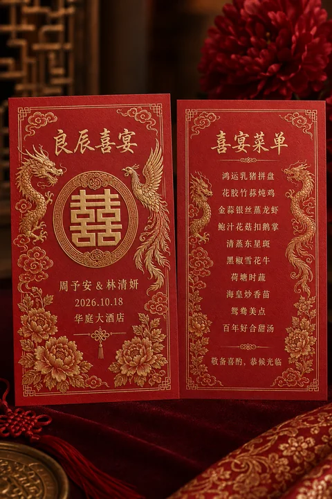 盛世良缘中式红金烫印婚宴菜单设计