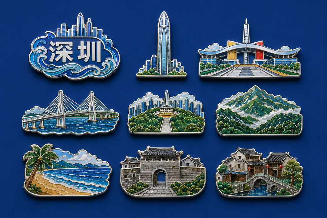 景泰蓝工艺深圳地标全套九枚冰箱贴摄影