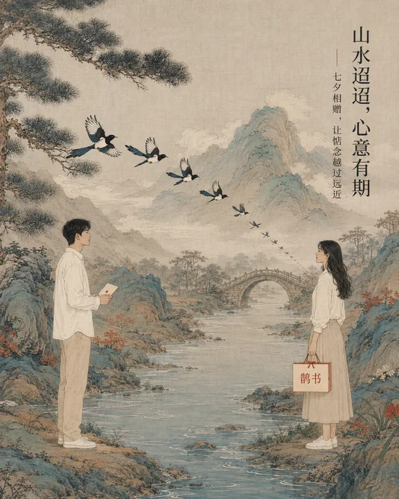 宋韵新风鹊书七夕礼赞山水意境插画