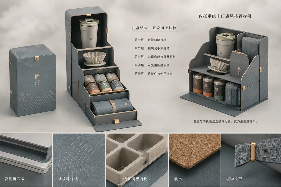 鹤汀:黄鹤楼意蕴高端咖啡果茶礼盒设计