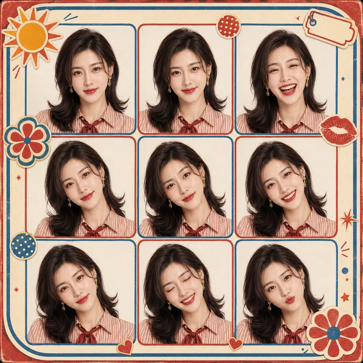 复古红蓝奶油九宫格:绝美情绪人像大头贴