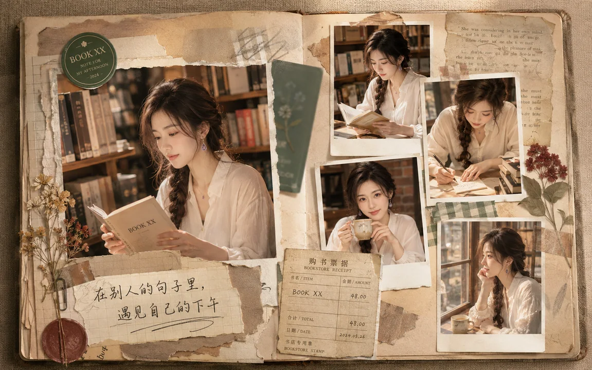 温暖午后书店手账拼贴真实感人像