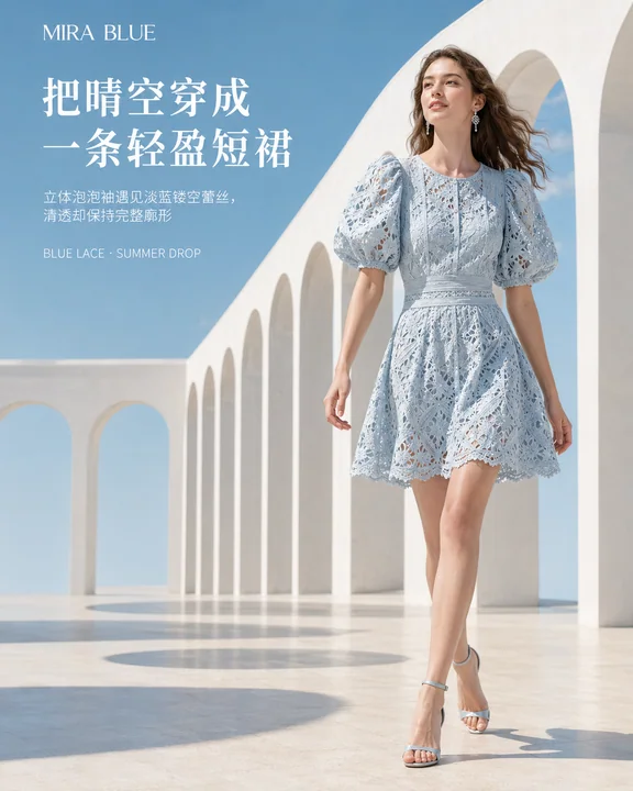 Grande campagne de marque : jupe courte en dentelle bleu clair à manches ballon sous un ciel dégagé.
