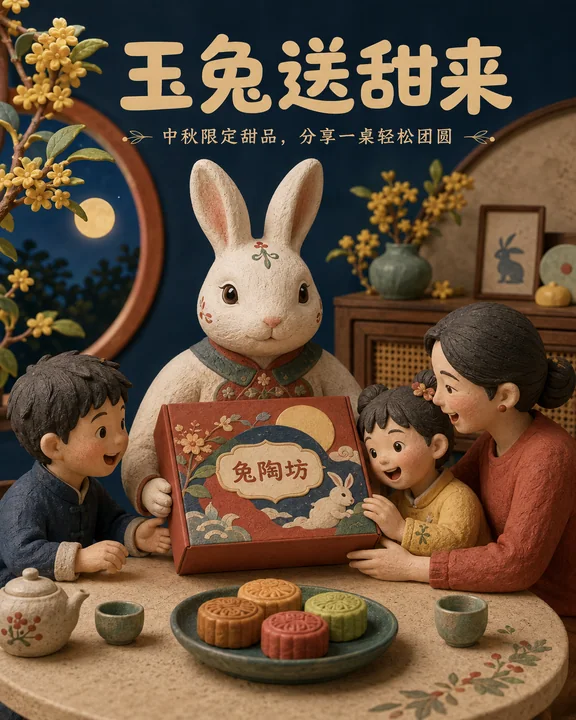 中秋限定泥塑风插画：兔陶坊玉兔送甜来