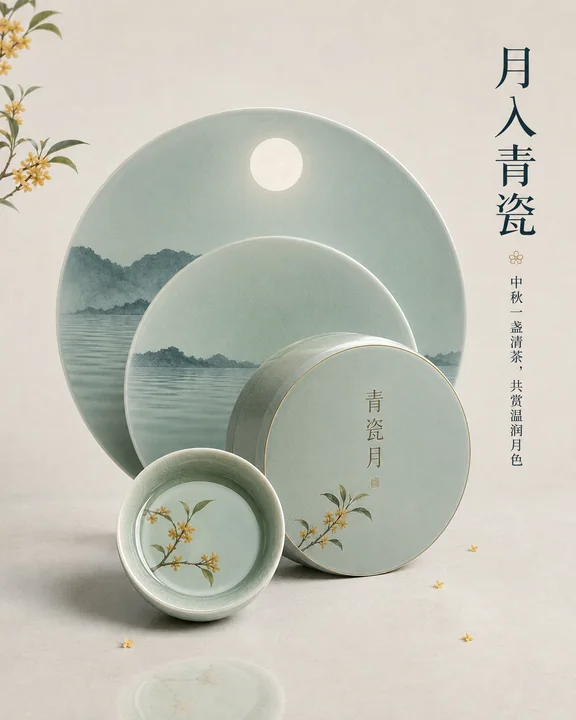 青瓷月影：高端中秋茶礼龙泉釉色插画