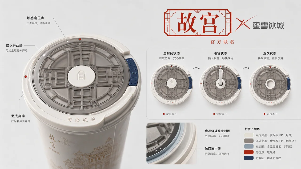 故宫蜜雪冰城联名窗格旋动杯盖设计