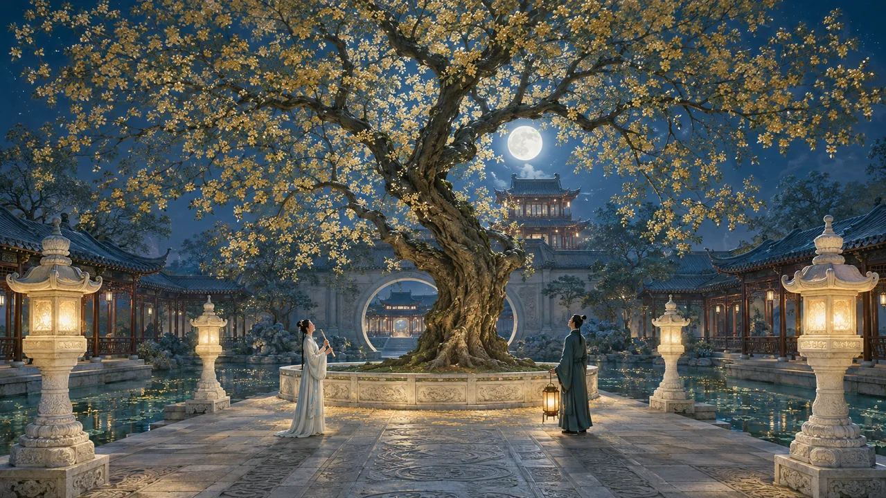 千年金桂映明月：古风庭院中秋盛景