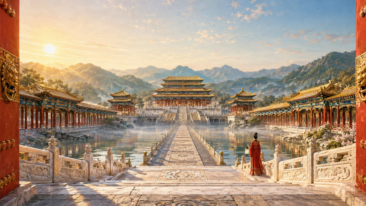 盛唐皇家园林晨曦金碧山水全景画