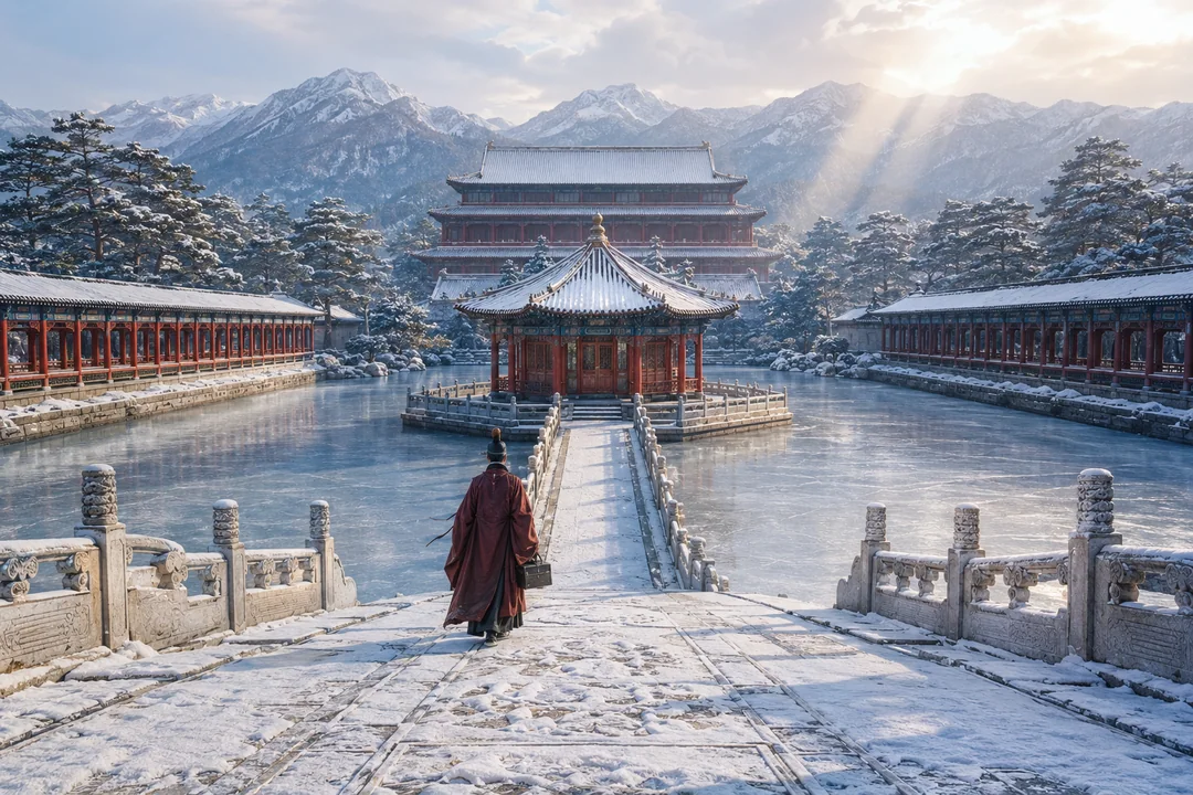 北国宫苑雪霁图:红墙白雪下的孤身画师