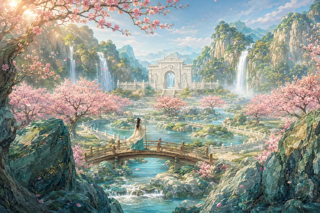 上古桃源仙园春日全景工笔设色画