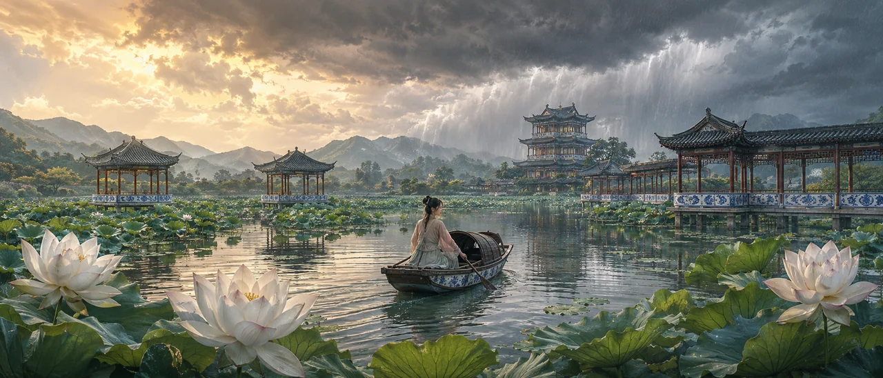 宋韵荷塘雨欲来：乌篷孤舟入画图