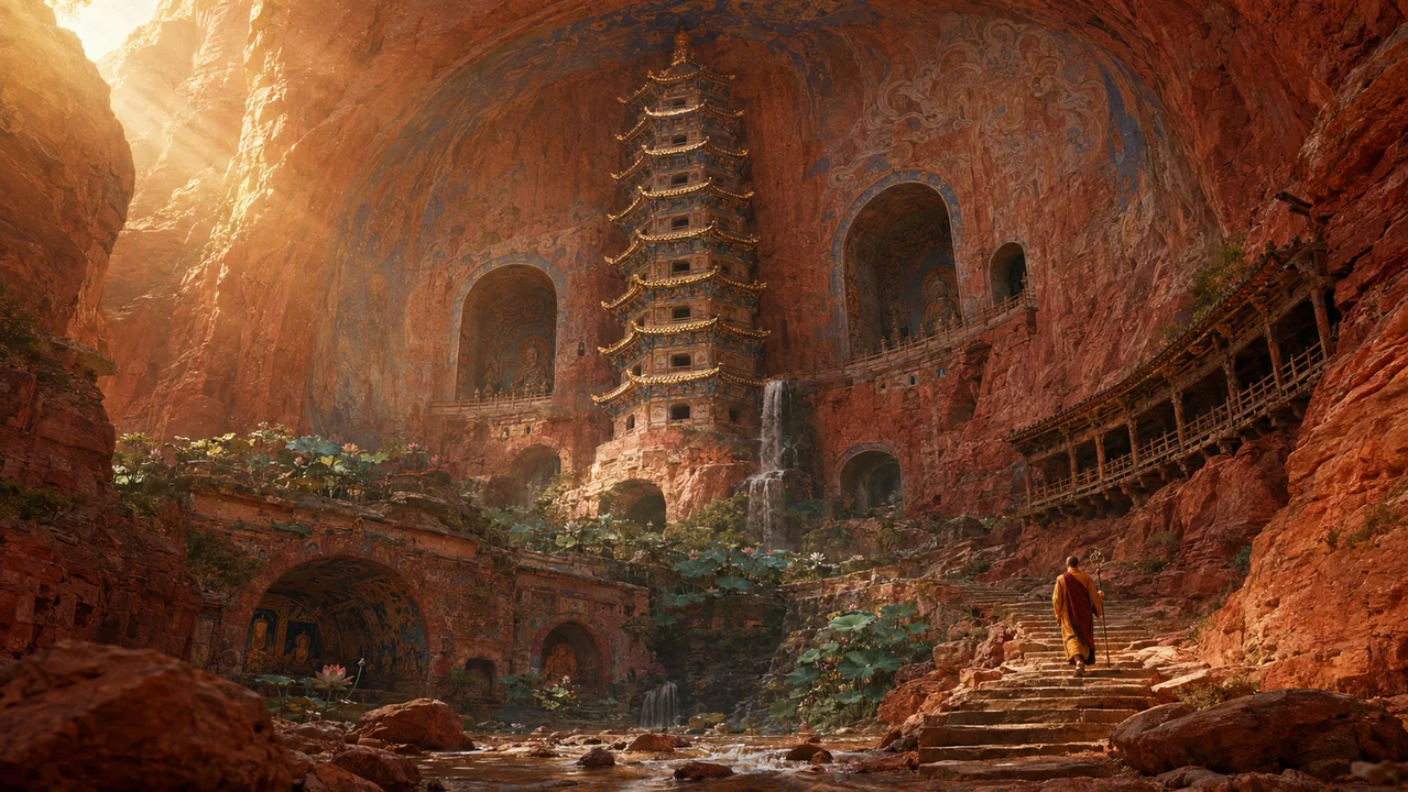 丹霞绝壁下的敦煌风古石窟园林