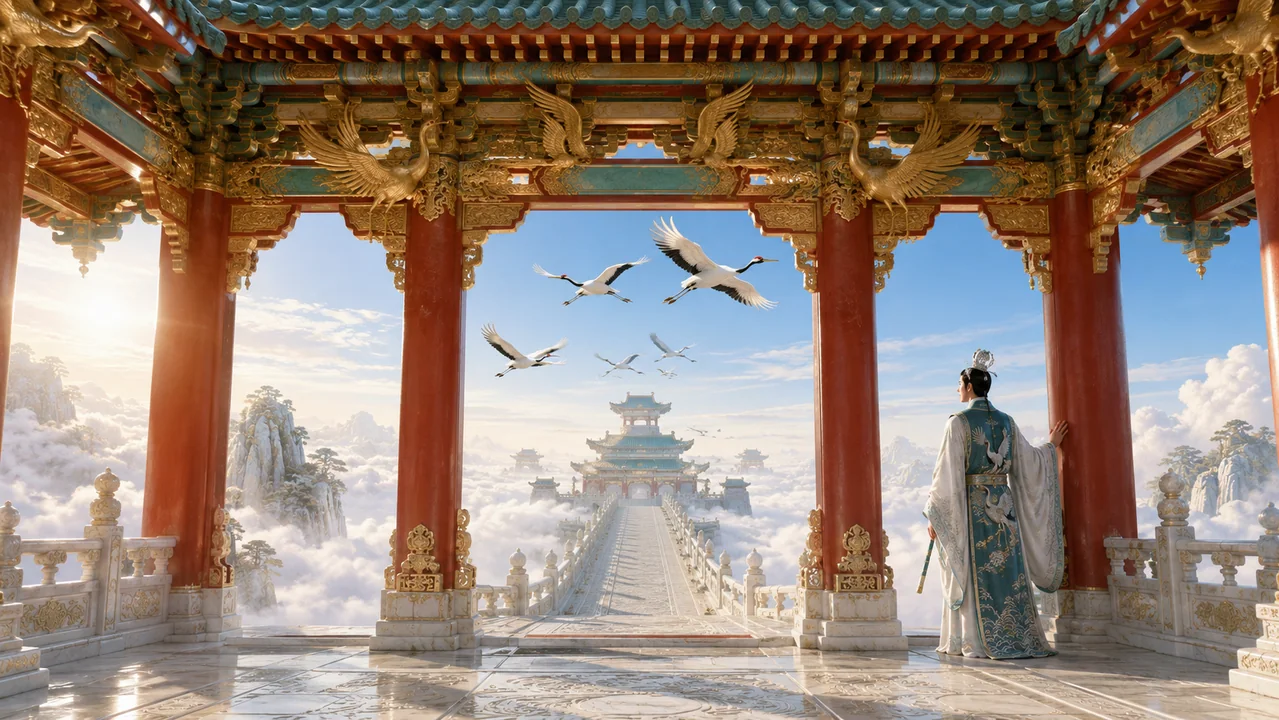 仙鹤归阙:东方天宫云海盛景