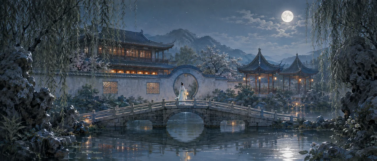 苏式园林月夜惊鸿影提灯入画