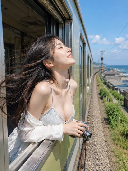 车窗外的海风与手持相机的女孩