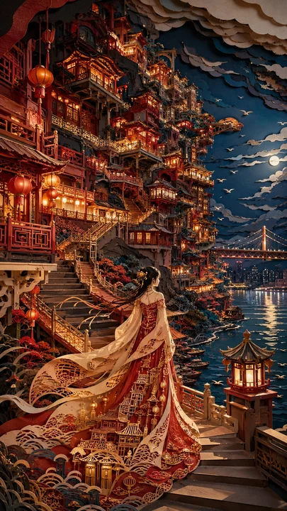 梦境东方立体纸雕女性洪崖洞夜游