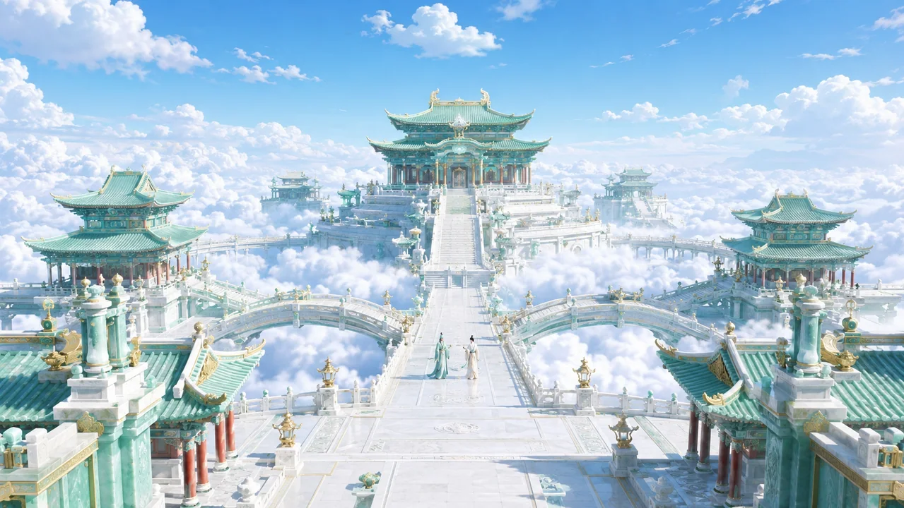 青碧玉阙正午云城东方天宫全景
