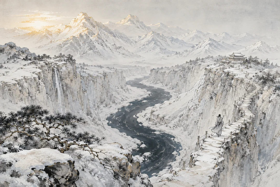 雪霁大江峡谷水墨孤旅意境图