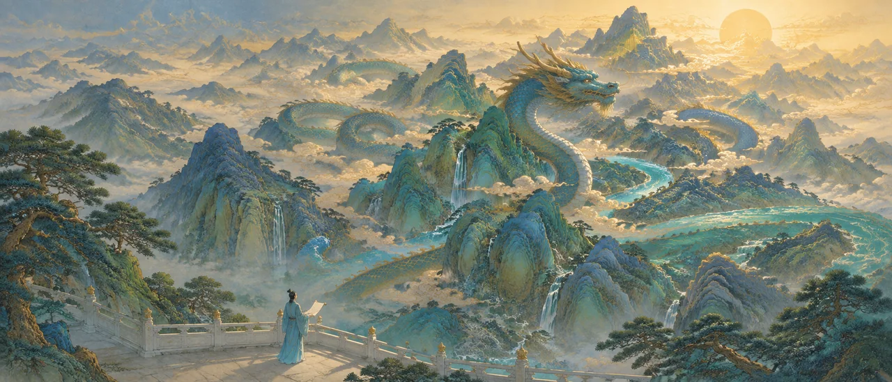 青绿岩彩：青龙盘踞云海圣山之境