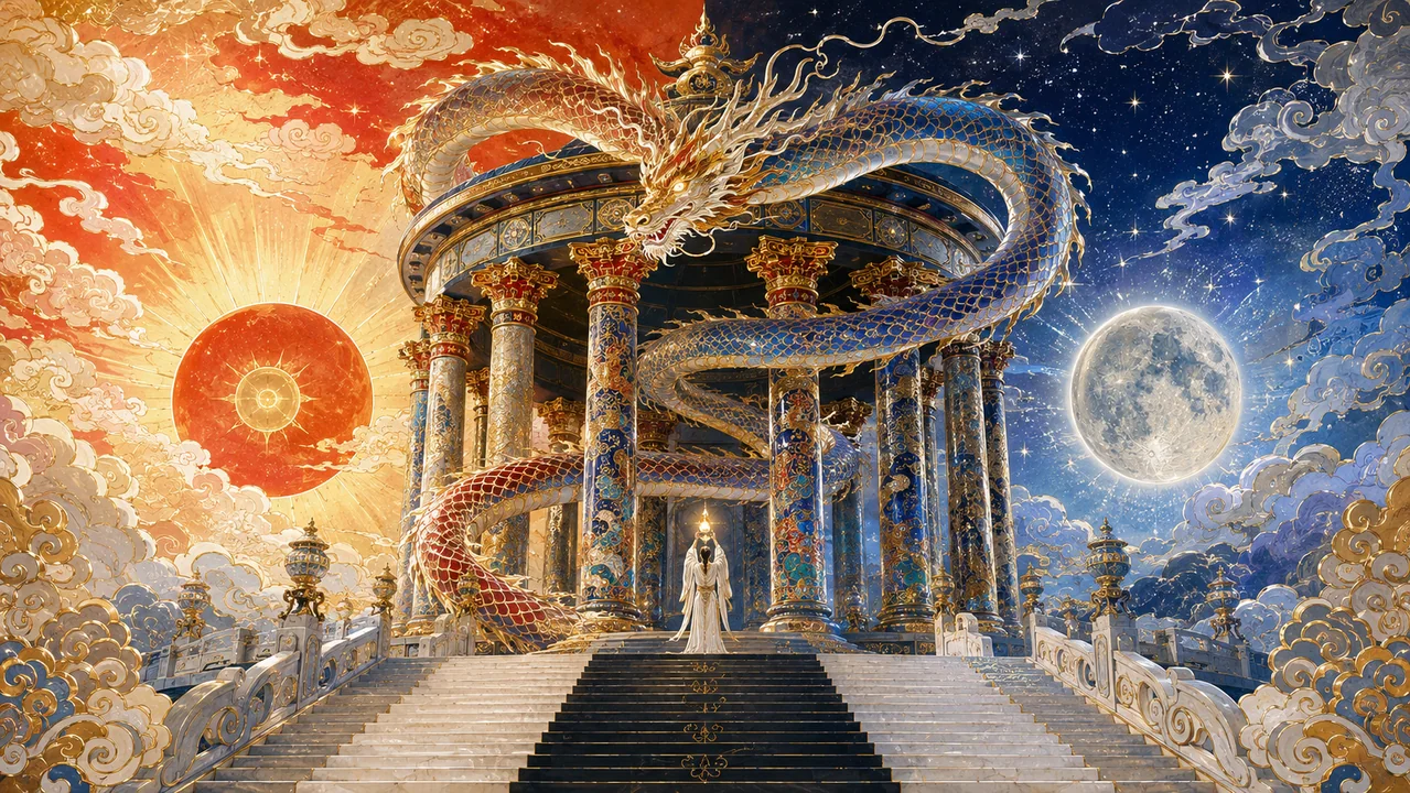 烛龙衔火绕神殿之昼夜交替天象圣境
