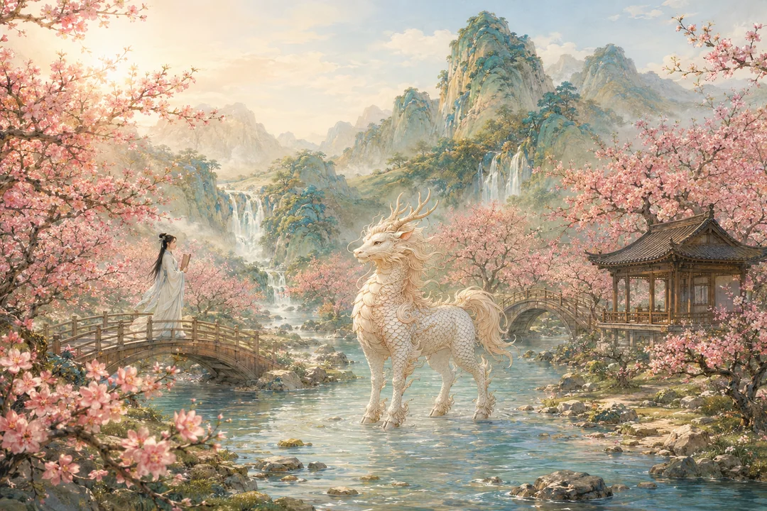 桃花深谷麒麟现,月白佳人立画桥