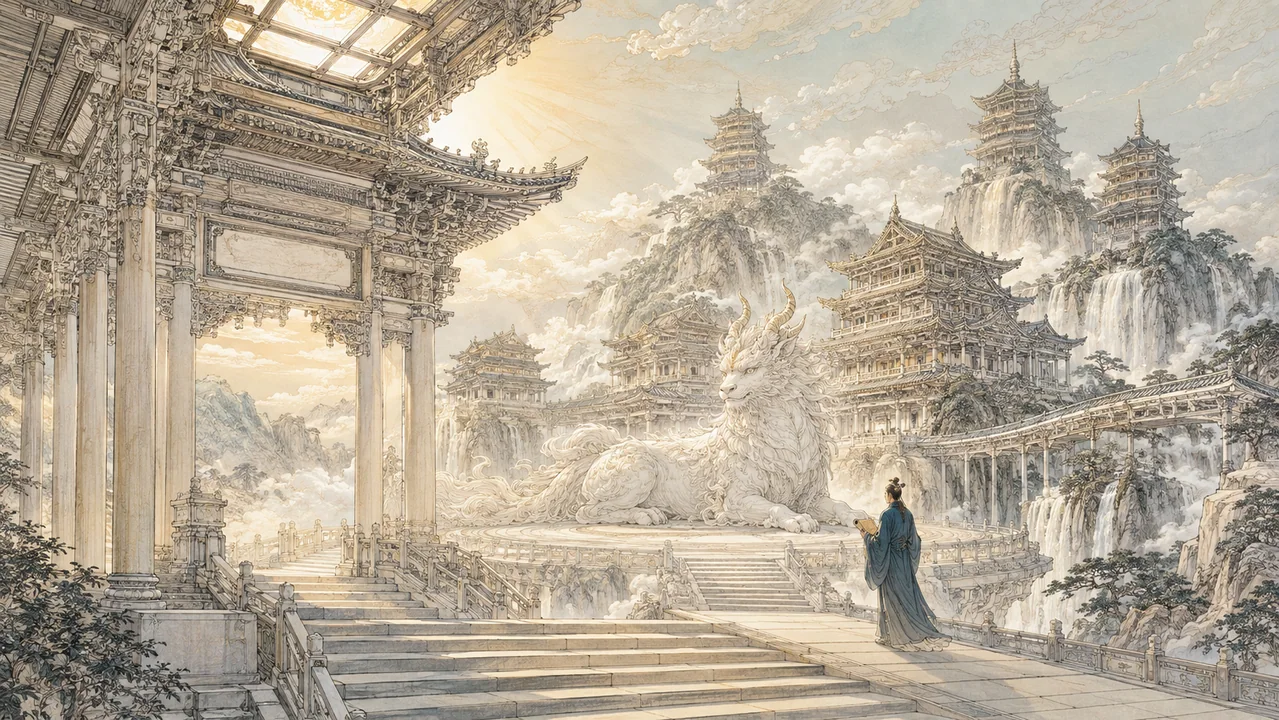 北宋界画风白泽守护云巅万卷藏书阁