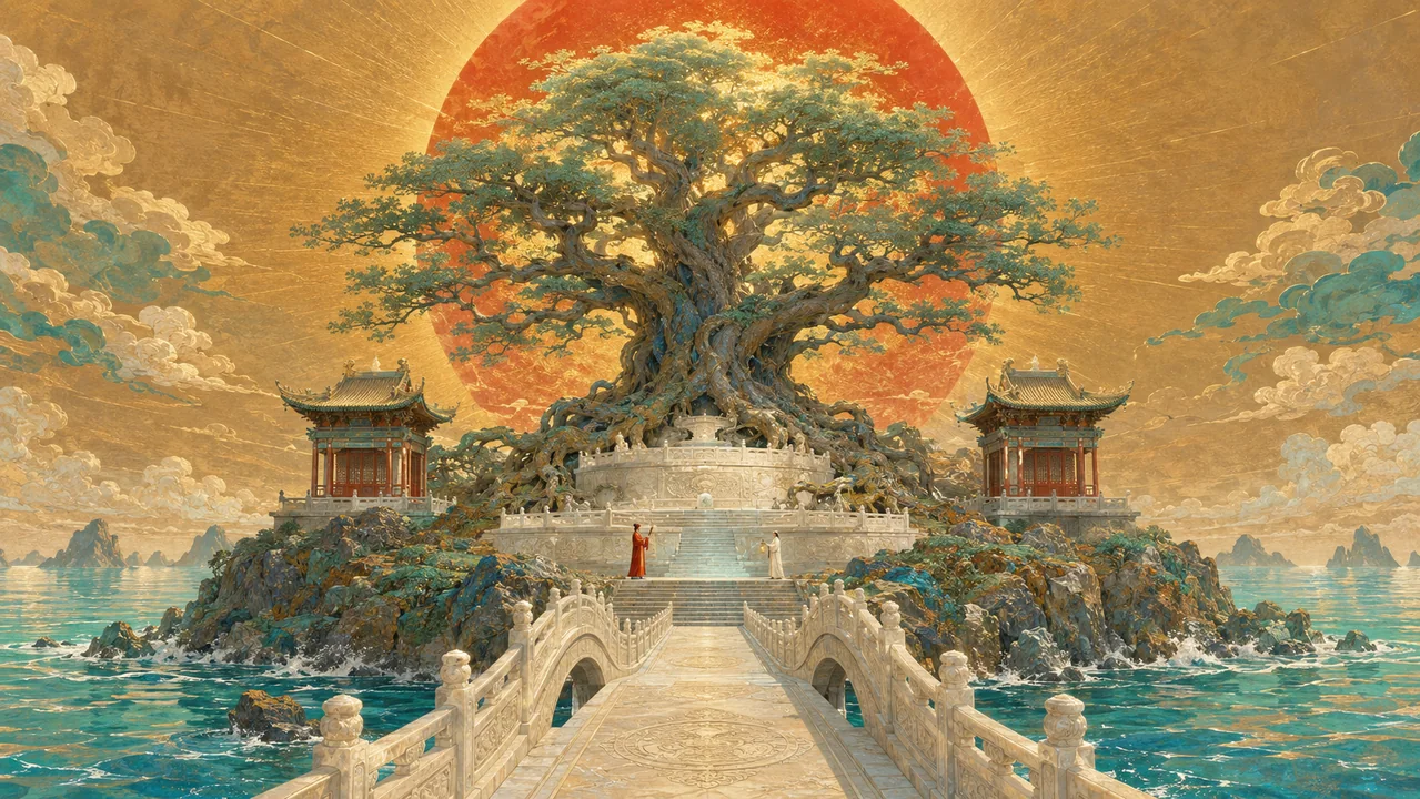 东方岩彩艺术下的海上神木圣境