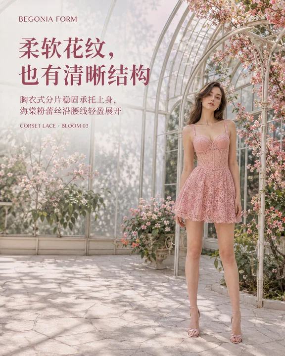 Grande campagne visuelle de marque : robe bustier en dentelle rose bégonia