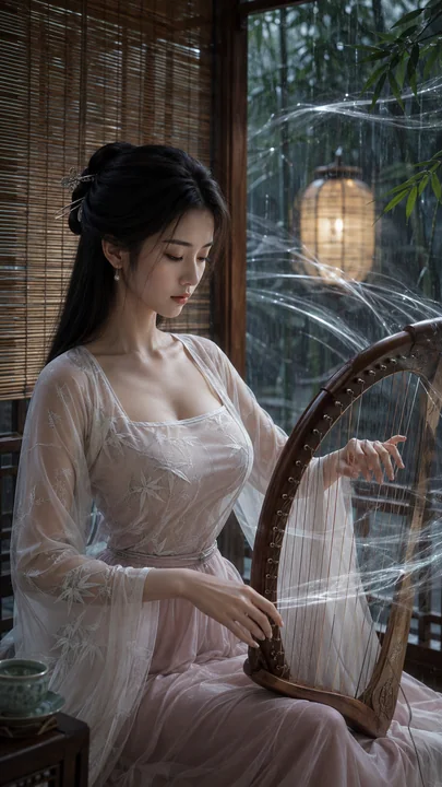 雨竹轩中弄箜篌,唐风仙侠少女清雅如诗