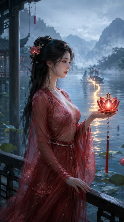 赤莲湖畔的温柔引渡:唐风仙侠少女写真