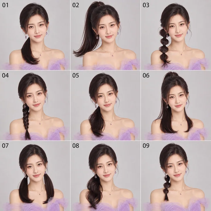 Nine-grid visual reference for ponytail hairstyles for working women