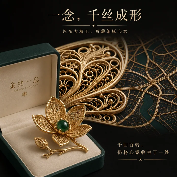 金丝一念:花丝镶嵌玉兰胸针高端商业插画