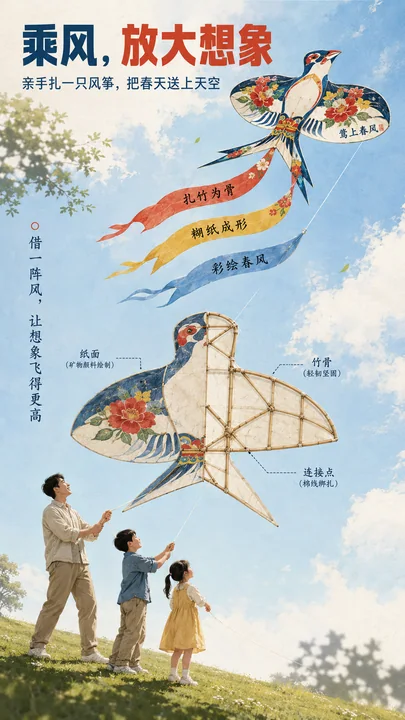鸢上春风传统纸鸢亲子教育商业插画