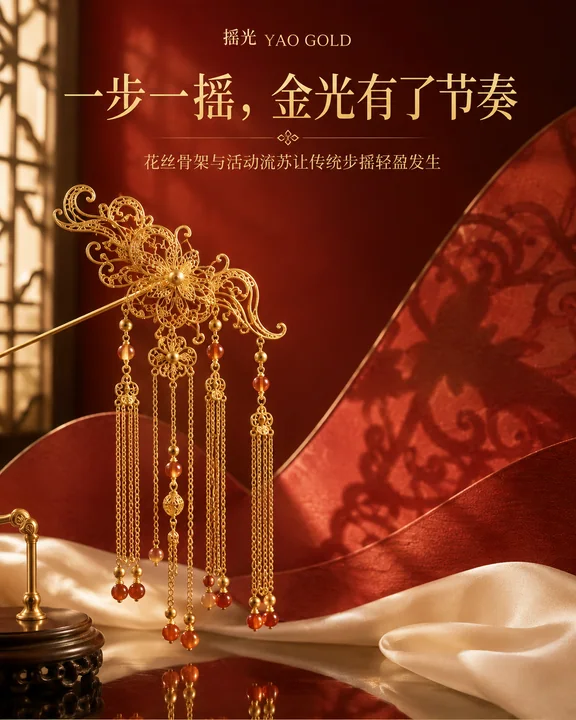 摇光金饰：宫廷花丝步摇社媒视觉大片