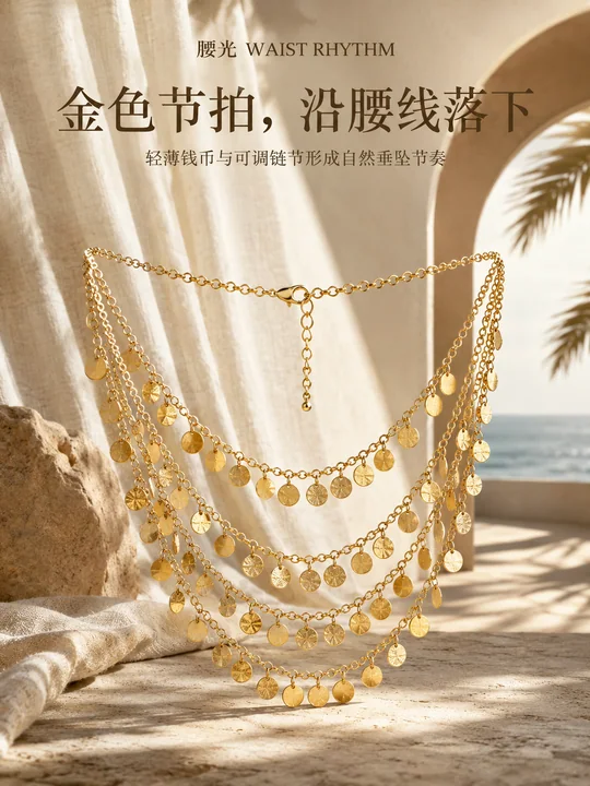 金色节拍度假风腰链品牌视觉海报