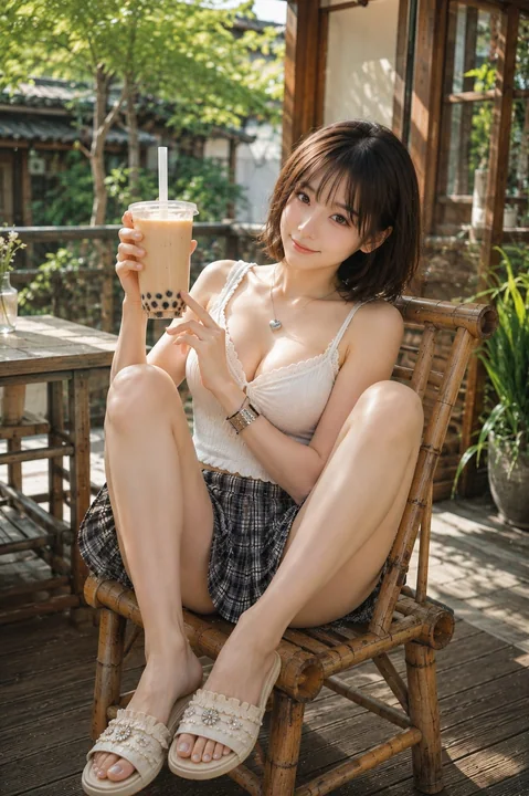 树荫下木制露台上的珍珠奶茶女孩
