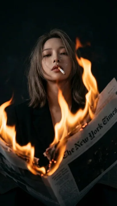 隔着火焰仰拍的叼烟少女