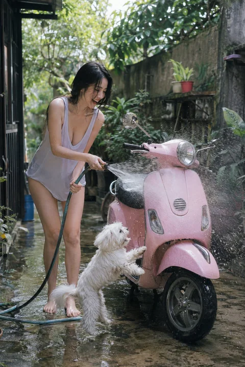 户外洗摩托车的女性与马尔济斯犬