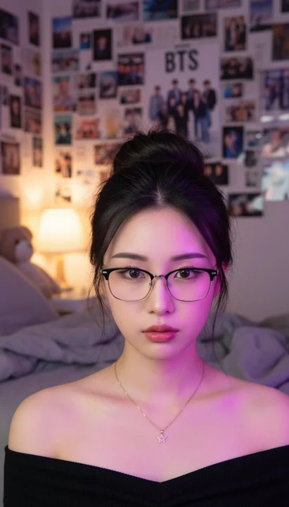 紫色氛围卧室中的黑银框镜东亚少女