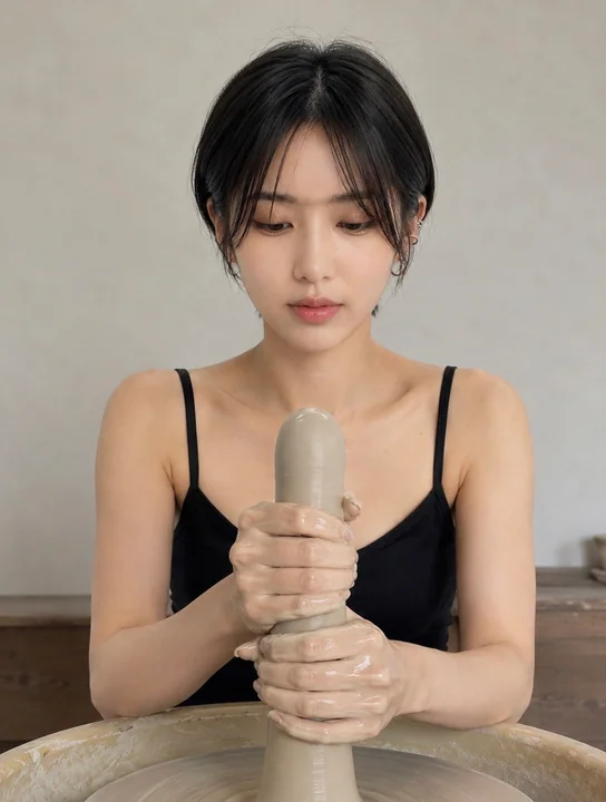 室内陶轮制作穹顶状细长陶器