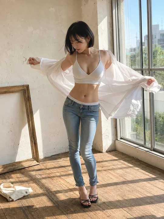 阁楼窗边披上白衬衫的日本女性全身抓拍
